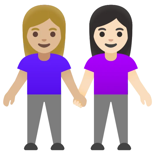 The women holding hands: medium-light skin tone, light skin tone emoji.