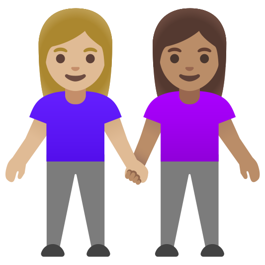 The women holding hands: medium-light skin tone, medium skin tone emoji.