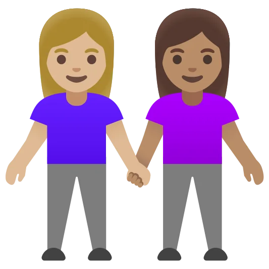 The women holding hands: medium-light skin tone, medium skin tone emoji.