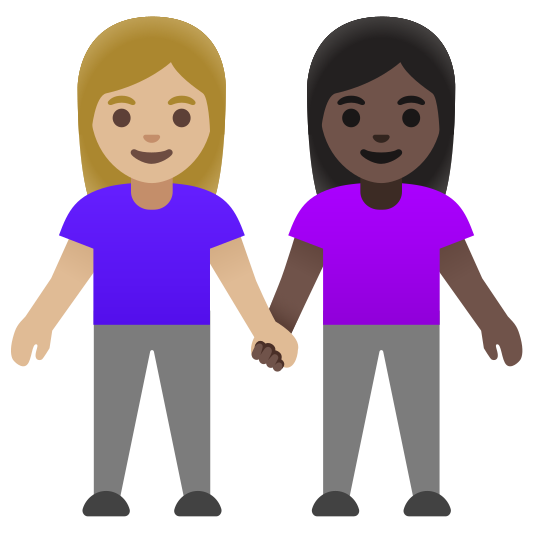 The women holding hands: medium-light skin tone, dark skin tone emoji.