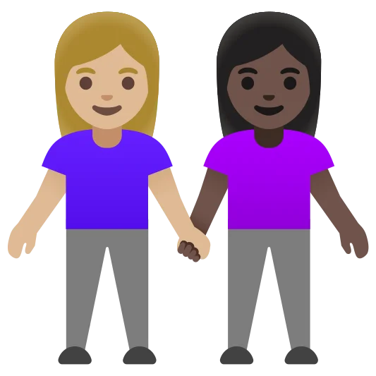 The women holding hands: medium-light skin tone, dark skin tone emoji.