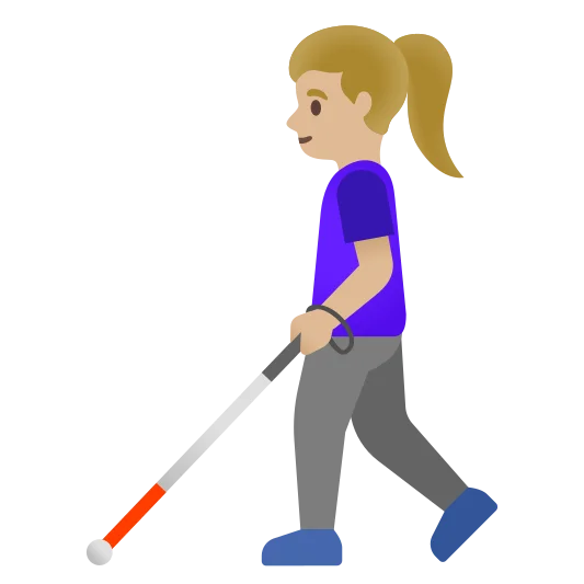 The woman with white cane: medium-light skin tone emoji.