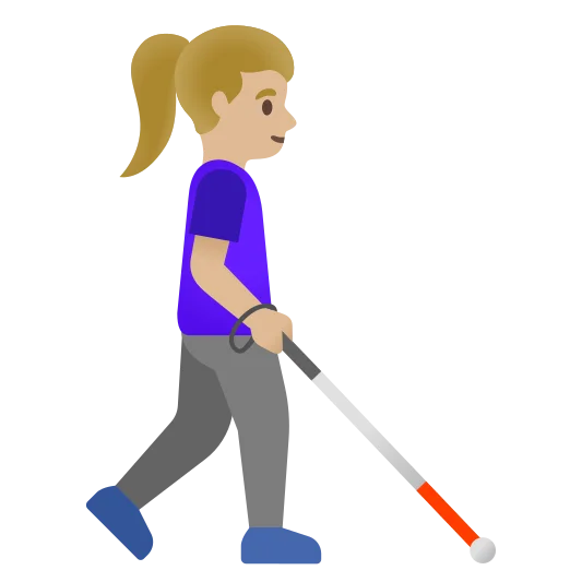 The woman with white cane facing right: medium-light skin tone emoji.