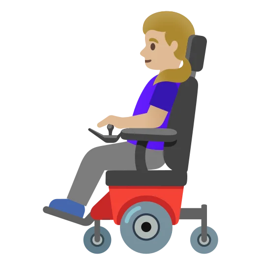 The woman in motorized wheelchair: medium-light skin tone emoji.