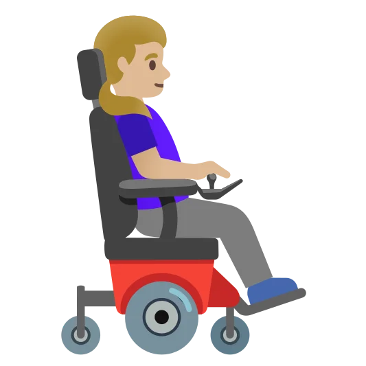 The woman in motorized wheelchair facing right: medium-light skin tone emoji.