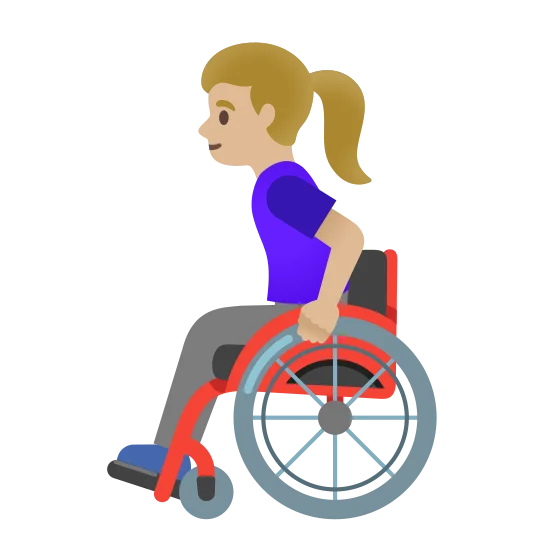 The woman in manual wheelchair: medium-light skin tone emoji.