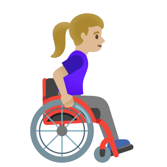 The woman in manual wheelchair facing right: medium-light skin tone emoji.