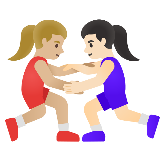 The women wrestling: medium-light skin tone, light skin tone emoji.