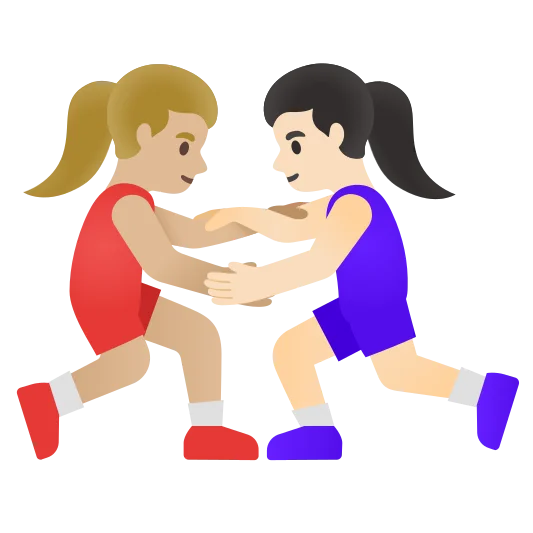 The women wrestling: medium-light skin tone, light skin tone emoji.