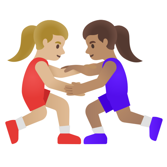The women wrestling: medium-light skin tone, medium skin tone emoji.