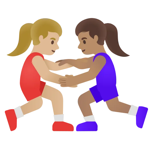 The women wrestling: medium-light skin tone, medium skin tone emoji.