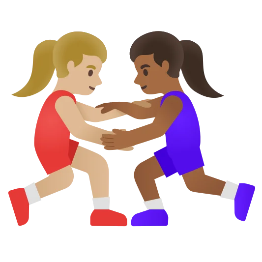 The women wrestling: medium-light skin tone, medium-dark skin tone emoji.