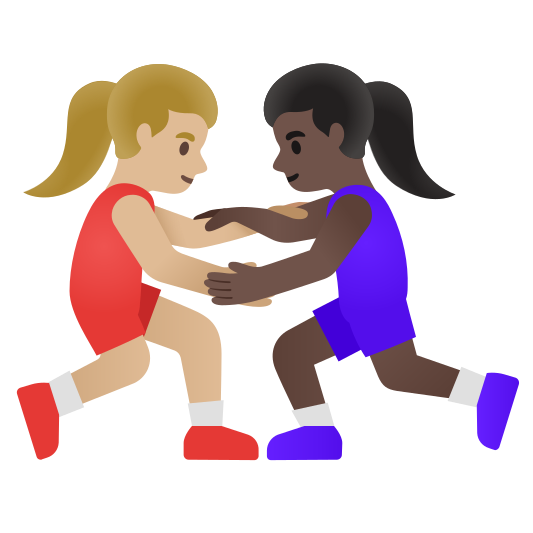 The women wrestling: medium-light skin tone, dark skin tone emoji.