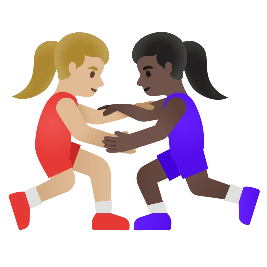 The women wrestling: medium-light skin tone, dark skin tone emoji.