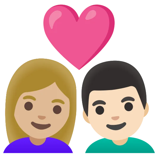 The couple with heart: woman, man: medium-light skin tone, light skin tone emoji.