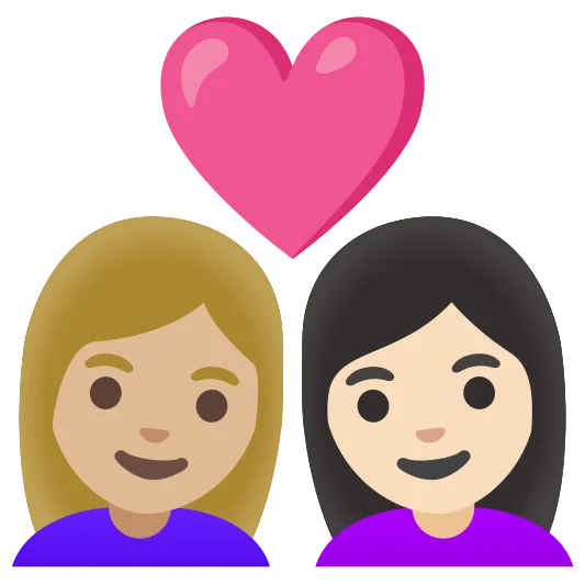 The couple with heart: woman, woman: medium-light skin tone, light skin tone emoji.