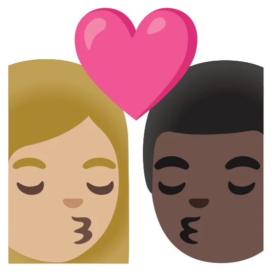 The kiss: woman, man: medium-light skin tone, dark skin tone emoji.