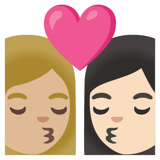 The kiss: woman, woman: medium-light skin tone, light skin tone emoji.