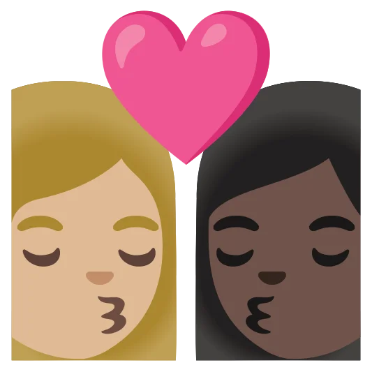 The kiss: woman, woman: medium-light skin tone, dark skin tone emoji.