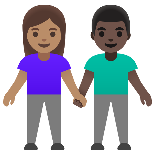 The woman and man holding hands: medium skin tone, dark skin tone emoji.