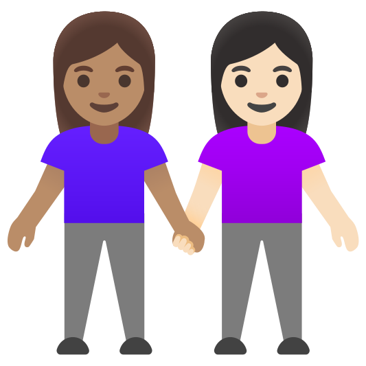 The women holding hands: medium skin tone, light skin tone emoji.