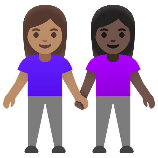 The women holding hands: medium skin tone, dark skin tone emoji.