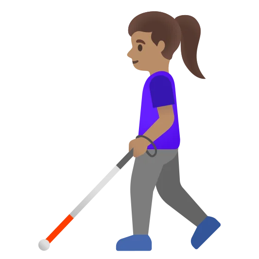 The woman with white cane: medium skin tone emoji.
