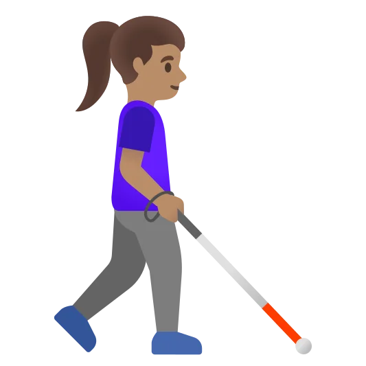 The woman with white cane facing right: medium skin tone emoji.