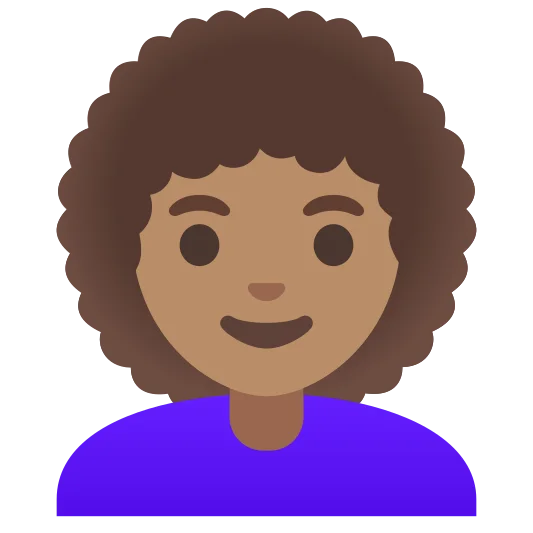 The woman: curly hair: medium skin tone emoji.