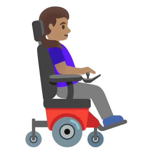 The woman in motorized wheelchair facing right: medium skin tone emoji.