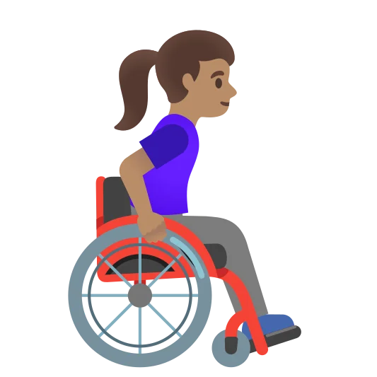 The woman in manual wheelchair facing right: medium skin tone emoji.