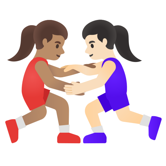 The women wrestling: medium skin tone, light skin tone emoji.