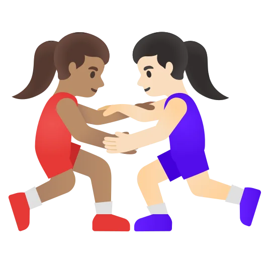 The women wrestling: medium skin tone, light skin tone emoji.
