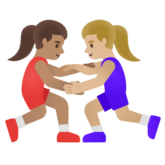 The women wrestling: medium skin tone, medium-light skin tone emoji.
