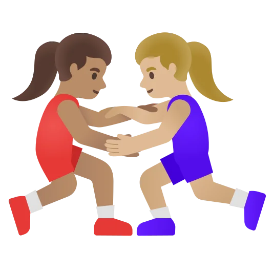 The women wrestling: medium skin tone, medium-light skin tone emoji.