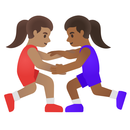 The women wrestling: medium skin tone, medium-dark skin tone emoji.