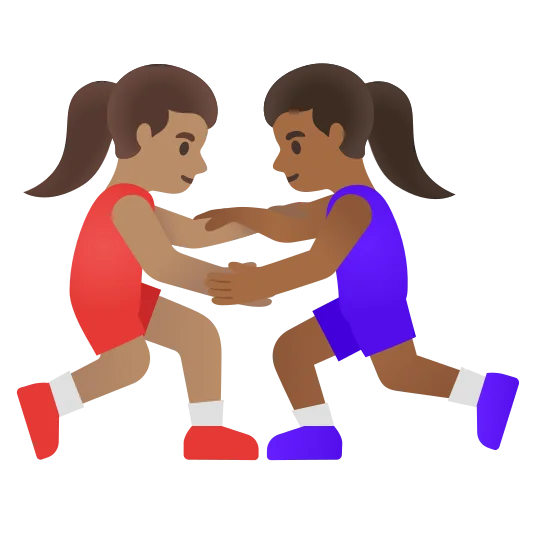 The women wrestling: medium skin tone, medium-dark skin tone emoji.