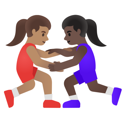 The women wrestling: medium skin tone, dark skin tone emoji.