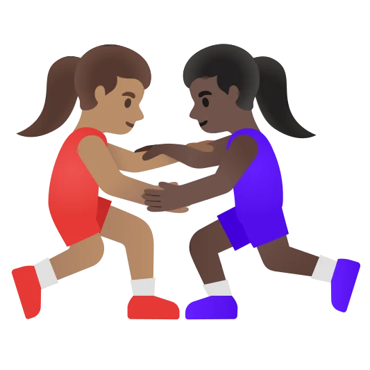 The women wrestling: medium skin tone, dark skin tone emoji.