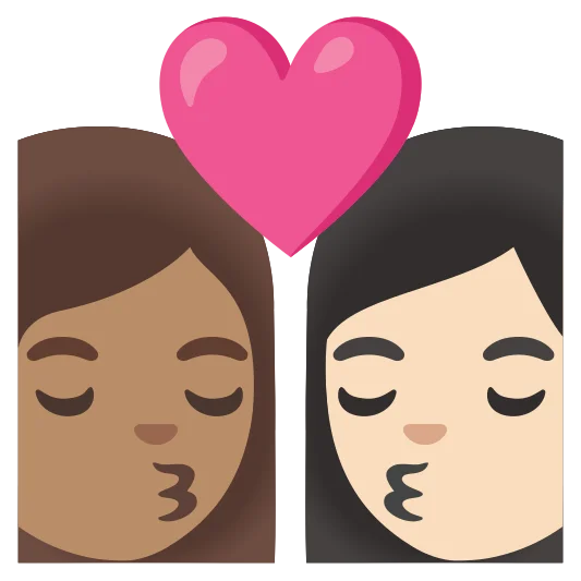 The kiss: woman, woman: medium skin tone, light skin tone emoji.