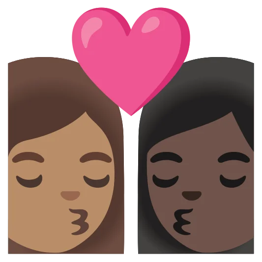 The kiss: woman, woman: medium skin tone, dark skin tone emoji.