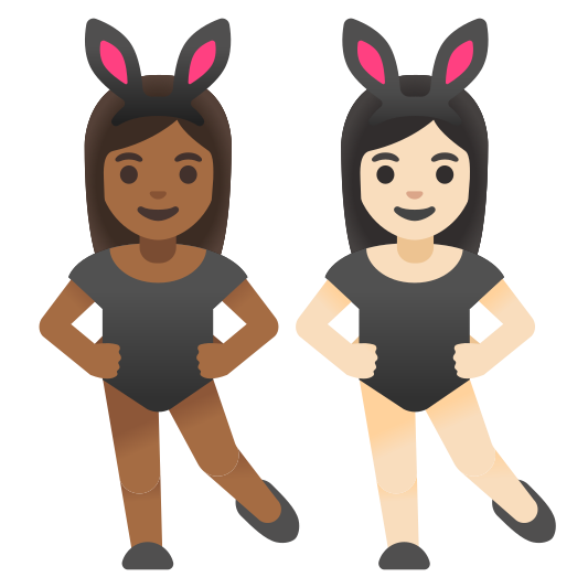The women with bunny ears: medium-dark skin tone, light skin tone emoji.