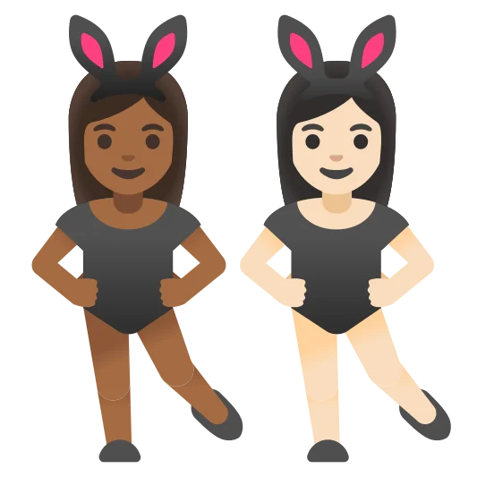 The women with bunny ears: medium-dark skin tone, light skin tone emoji.