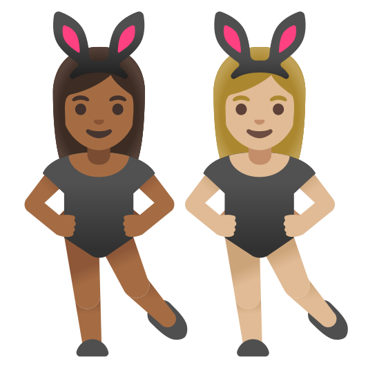 The women with bunny ears: medium-dark skin tone, medium-light skin tone emoji.