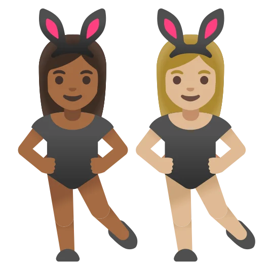 The women with bunny ears: medium-dark skin tone, medium-light skin tone emoji.