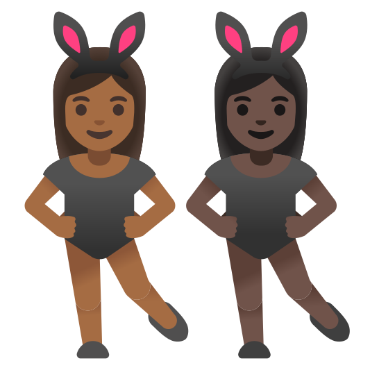 The women with bunny ears: medium-dark skin tone, dark skin tone emoji.