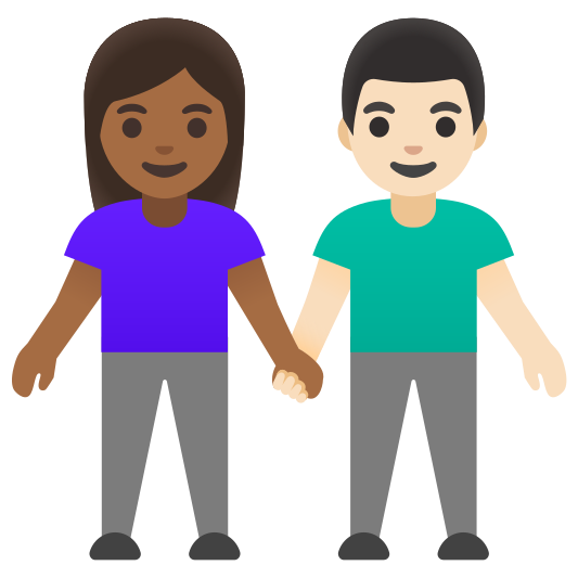 The woman and man holding hands: medium-dark skin tone, light skin tone emoji.