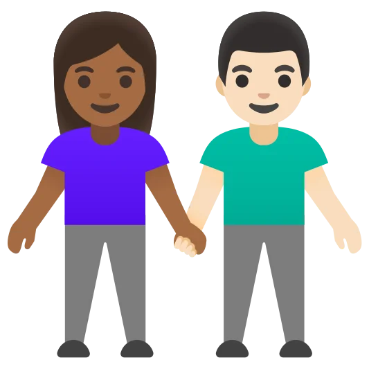 The woman and man holding hands: medium-dark skin tone, light skin tone emoji.