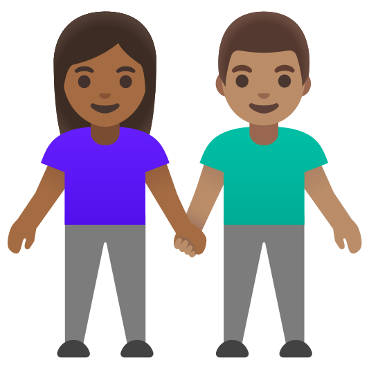 The woman and man holding hands: medium-dark skin tone, medium skin tone emoji.