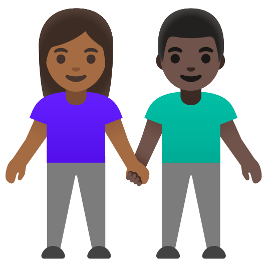 The woman and man holding hands: medium-dark skin tone, dark skin tone emoji.